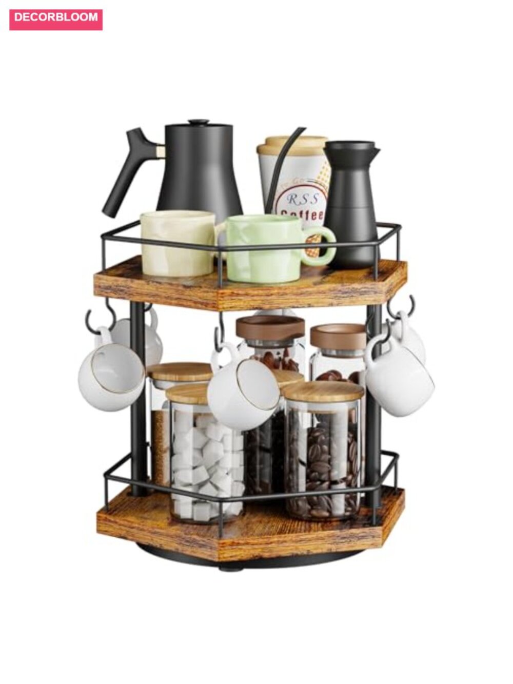 2 Tier Rotating Coffee Bar Organizer Countertop Shelf with Hooks Rustic Wood